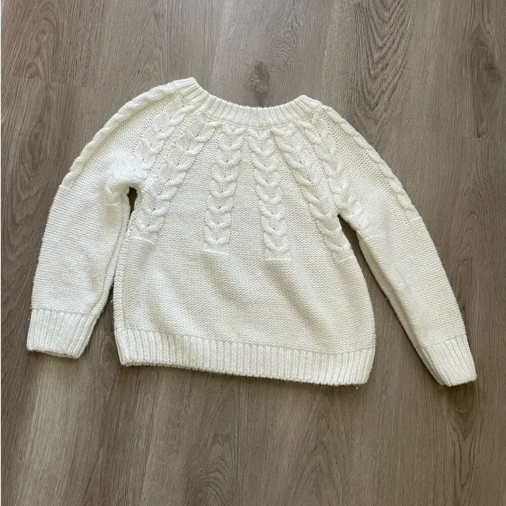 Copper Key Girls Sweater M White Crew Neck Long Sleeve Pullover Open‎ Cable Knit